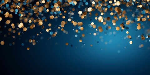 Wall Mural - Gold confetti bokeh on blue background.