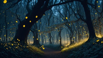 Wall Mural - The enchanting scene showcases a mystical forest canopy at twilight, adorned with the ethereal glow of fireflies.