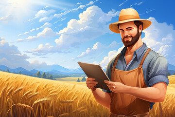 Poster - Farmer with digital tablet on the wheat field. Smart farming and precision agriculture.