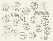 Postage And Postal Stamps. Canada, USA And European Countries Post Town Ink Stamp. Toronto, Orlando And Montreal, Paris, Milan And Berlin Postal Envelope Vector Retro Postal Mark, Stamp Or Imprint