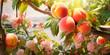 Ripe sweet peaches growing on a peach tree in the garden. Close-up of peaches and peach trees in sunlight