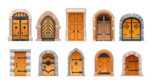 Cartoon Medieval Castle Gates, Wooden Doors And Arch Entrance, Vector Old Doorway. Ancient Dungeon Doors Or Vintage House Gates, Antique Architecture Of Closed Gateway With Wooden Door And Iron Gate
