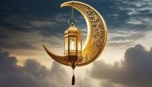 Celestial Elegance: Golden Lantern Suspended From Ornate Crescent Moon"