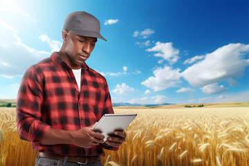 Poster - Black farmer with digital tablet on the wheat field. Smart farming and precision agriculture.