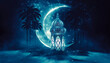 Fantasy night landscape with crescent moon, palm trees and arabic lantern of ramadan celebration background, neon. 