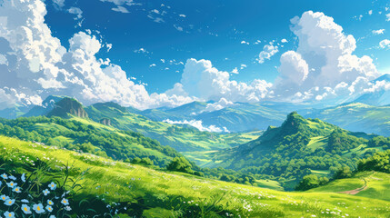 Wall Mural - Beautiful Green Savanna or green field with sunny day anime background, cloud background landscape view with beautiful day sky on sunny weather flowers and mountains, beautiful panorama with surrealis