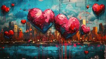 Generative AI, Colorful Hearts As Graffiti Love Symbol On The Wall, Street Art. Melted Paint.	
