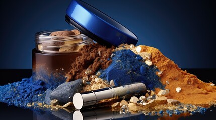 Beauty cosmetic product makeup with organic mineral colorants. Mineral cosmetics with  ocher, lapis lazuli pigments. Loose cosmetic powder and eyeshadow with brushes in scattering of pigment in motion