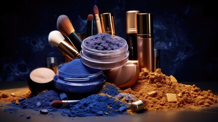 Wall Mural - Beauty cosmetic product makeup with organic mineral colorants. Mineral cosmetics with  ocher, lapis lazuli pigments. Loose cosmetic powder and eyeshadow with brushes in scattering of pigment in motion