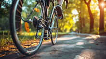 Close-up Of A Person Riding A Bicycle On A Sunlit Path Through A Lush Green Forest