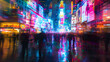 A photomontage capturing the energy and chaos of urban nightlife blending neon lights crowds and cityscapes.
