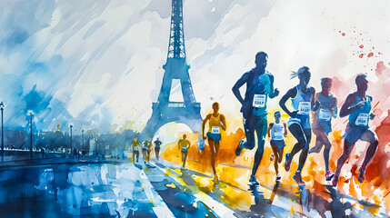 Watercolor painting of summer games runners in Paris background.