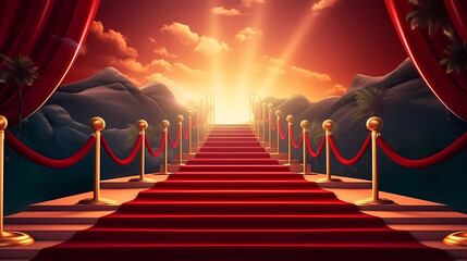 Red carpet on the stairs on dark background, the way to glory, victory and success