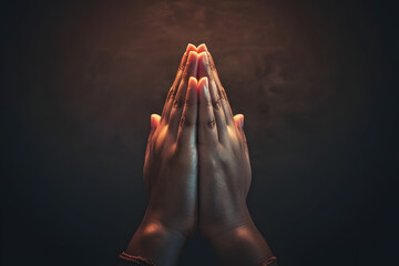 Wall Mural - Praying hands with faith in religion and belief in God on dark background. Power of hope or love and devotion. Namaste or Namaskar hands gesture. Prayer position.