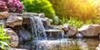 © JW Studio - Modern outdoor home water feature fountain waterfall as wide banner with copy space area for garden landscape design concepts.