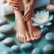 Closeup photo of beautiful female feet with pedicure in spa salon.