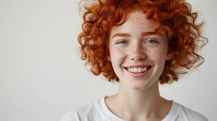 Wall Mural - Closeup of happy attractive young woman with short red hair and freckles wears stylish t shirt looks happy and smiling isolated over white background.