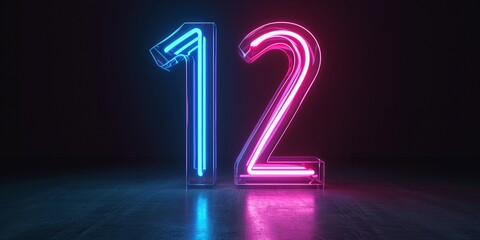 3d render, number twelve glowing in the dark, pink blue neon light, concept of 12 birthday.