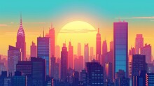 Sunset Or Sunrise Modern City Skyscrapers Panorama Of Tall Buildings, Urban Background. Pop Art Retro Vector Illustration Comic Caricature 50s 60s Style Vintage Kitsc