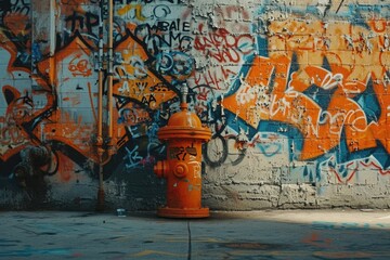 Sticker - A fire hydrant stands in front of a wall covered in vibrant graffiti. Perfect for urban-themed designs and cityscape concepts