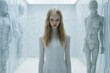 A woman in a white dress stands in a futuristic room with white humanoid figures.