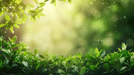 Wall Mural - Spring background, green tree leaves on blurred background. AI generated illustration