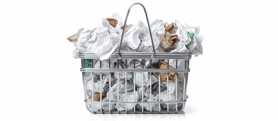 Sticker - Recycled crumpled paper thrown in overflowing metal basket bin, junk isolated on white.