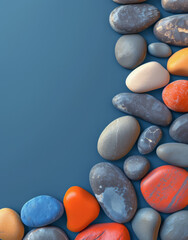 Assorted pebbles lined up against a dark blue gradient background, peaceful and calming.