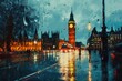 A painting depicting Big Ben in the rain. This image can be used to capture the beauty of a rainy day in London