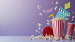 Popcorn is playfully scattered in the air with a movie clapperboard in the background, all against a purple backdrop.