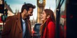 Joyful couple laughing in city setting, casual date near london bustling street. urban love concept. AI