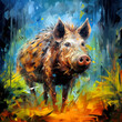 Wild boar and forest, oil paints picture, colorful illustration