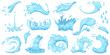 Cartoon water splashes. Blue waves, drops, spray, pure liquid different shapes, clean aqua, flying and flowing particles, sea and ocean droplets in motion, recent vector isolated set