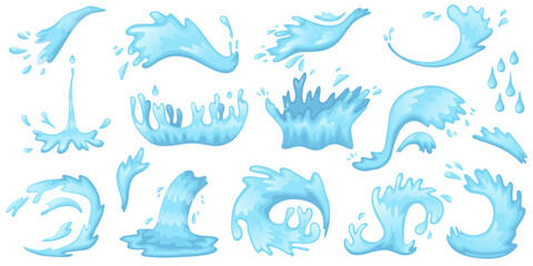 cartoon water splashes. blue waves, drops, spray, pure liquid different shapes, clean aqua, flying a