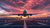 Fototapeta  - Sunset Landing: Airplane Arrival with Airport View, GENERATIVE AI