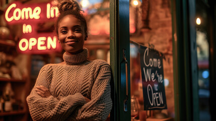 Wall Mural - African American woman smiling and standing confidently with her arms crossed in front of a shop. Behind her, a neon sign reads 