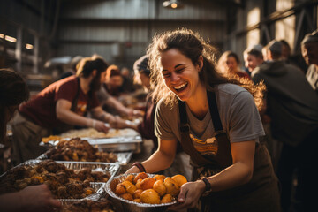 A celebratory image of volunteers organizing a community feast for the less fortunate, highlighting the joy and unity that arise from collective efforts to help those in need.