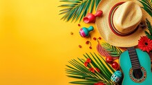 Minimalist Modern Mexican Cinco De Mayo Holiday Background, Warm Yellow Background Top View. Flat Layout Style, Generative Ai, Minimalist Modern Mexico Fiesta Background With Hat, Maracas, Guitar