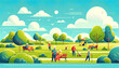 A vibrant park scene with diverse people engaging in leisure activities, enveloped by lush trees and expansive clouds in a stylized illustration.Family recreation concept. AI generated.