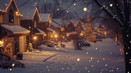 Poster - A picture of a peaceful snowy night in a residential neighborhood. This image can be used to capture the beauty and tranquility of winter nights