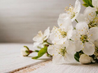 Wall Mural - White flowers branches on wooden background with copy space