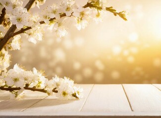 Sticker - White flowers branches on wooden background with copy space