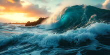 Majestic Wave Cresting With Power And Beauty At Sunset, The Ocean's Strength On Display Against A Backdrop Of A Tranquil Dusky Sky