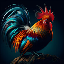 Colorful Rooster Stands Tall On A Rock, Overlooking A Lush Green Valley. Generate Ai
