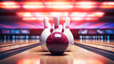 Bowling ball and pins on the bowling alley. 3d rendering