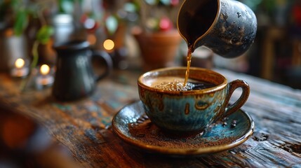 Side view hand pouring coffee in cup 