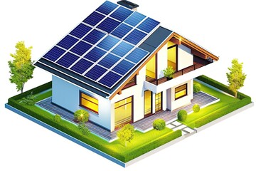 Wall Mural - A model house featuring solar panels on its roof, presented on white background. This simple image highlights eco-friendly and sustainable living.