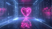 Generative AI, Futuristic Room With Pink Heart In Cyberpunk Style Illustration. Love, Feelings, Romantic St. Valentine's Day Concept. 
