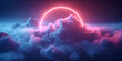 3d render, abstract cloud illuminated with neon light ring on dark night sky. Glowing geometric shape, round frame, generative ai