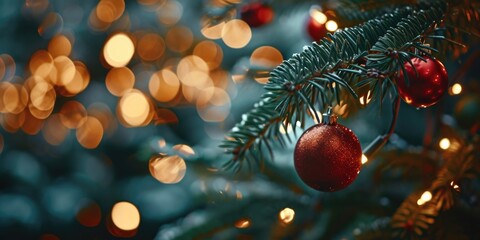 Poster - A close up view of a Christmas tree with sparkling lights. Perfect for holiday-themed designs and festive decorations